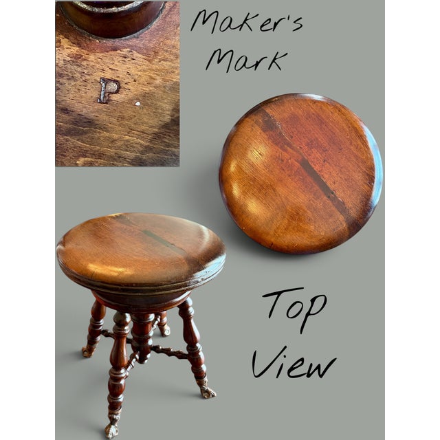 Wood Antique Victorian Piano Stool-Charles Parker-Blue Glass Ball Claw Feet-Wood Seat For Sale - Image 7 of 9