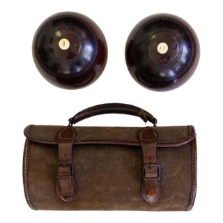 Antique British Woods Lawn Bowls With Canvas and Leather Bowling Case For Sale