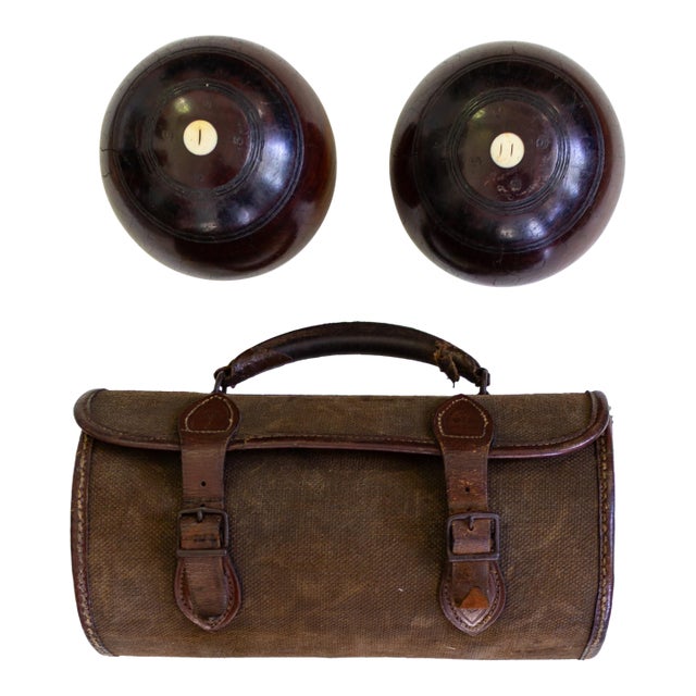 Antique British Woods Lawn Bowls With Canvas and Leather Bowling Case For Sale