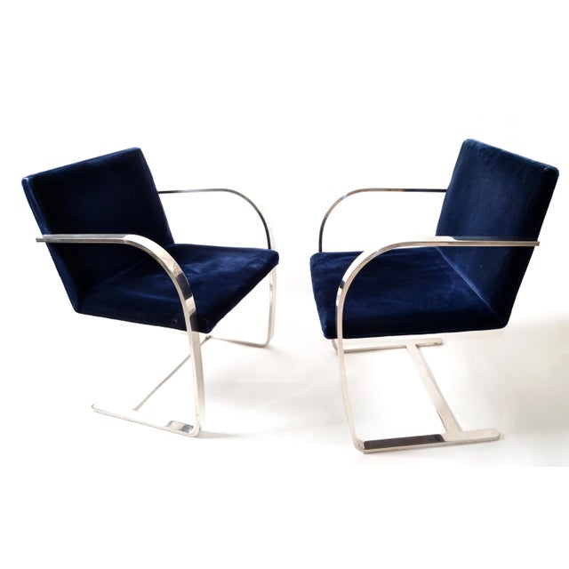 1970s Mies Van Der Rohe for Knoll Stainless Steel Brno Chairs Blue Velvet 1977, Pair For Sale - Image 5 of 13