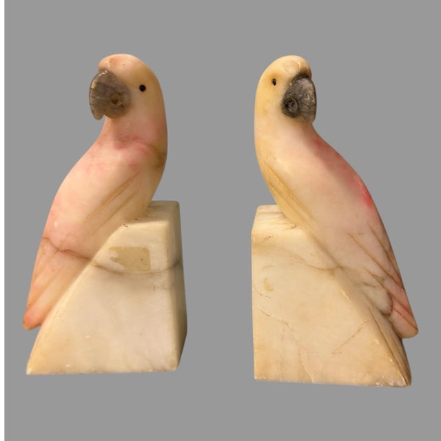 Pair of Antique Alabaster Multi-colored Figural Parakeet Bookends In good original condition showing some typical age-...