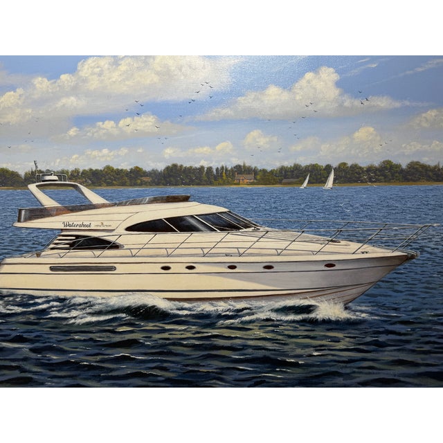 Realism British Marine Oil Painting Windermere Lake District Ascendancy — Fairline Squadron 50 Yacht Under Cumbrian Skies Signed Edward Hersey Gilt Framed For Sale - Image 3 of 18