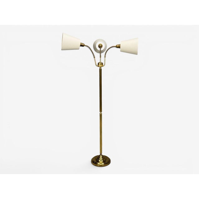 1970s 1970s Swedish Modern, Three Light Floor Lamp, Reeded Brass, Fabric, Sweden For Sale - Image 5 of 13