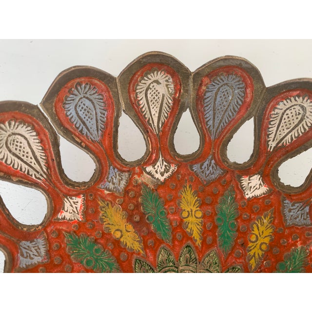Brown Hand-Painted Brass Plate with Peacock, 1970s For Sale - Image 8 of 11