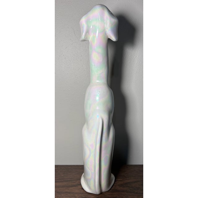 Vintage 1950’s American Mid Century Modern Usa Pottery Iridescent White Crackle Glazed Ceramic Greyhound Dog Sculpture (#508) For Sale - Image 4 of 7