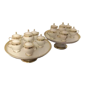 Antique Early 19th Century French Empire Porcelain Tazza with 12 Pot de Creme - 14 Pieces
