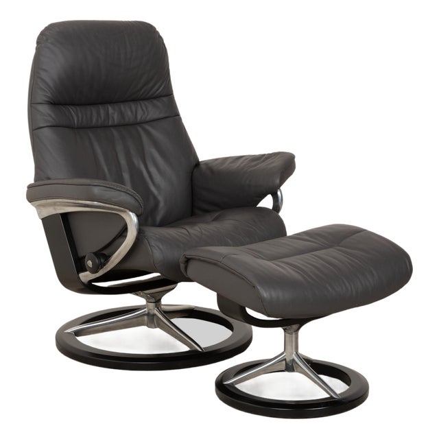 Set of Sunrise Leather Recliner with Ottoman from Stressless For Sale