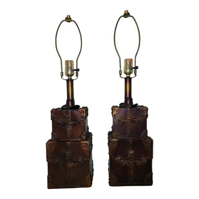 1980s Metal Table Lamps, Leather Stacked Steamer Travel Trunks with Harps and Finial - a Pair For Sale