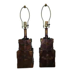 1980s Metal Table Lamps, Leather Stacked Steamer Travel Trunks with Harps and Finial - a Pair