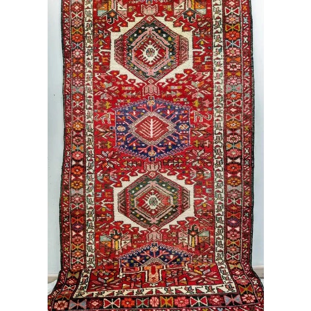 Antique Persian Heriz Karajeh Runner, Geometric Medallion Pattern, Red & Navy, 4’ X 14’ For Sale - Image 4 of 7