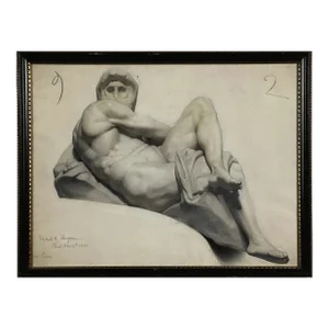 Antique Michelangelo Sculpture Classical Sketch, Signed (1880, Charcoal/Graphite on Paper)