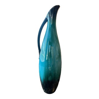Glazed Pottery Pitcher in Blue and With Black Accents For Sale