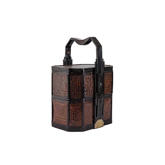 Antique 2 Two Tiered Chinese Wedding Basket in Dark Wood & Bamboo Rattan For Sale - Image 4 of 12