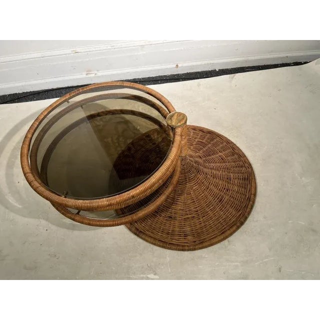 Great Triple Tier Wicker And Rattan Swiveling Coffee Table With Round Smoky Glass And Brass Center Cap Designed In The...