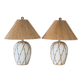 Vintage Hollywood Regency Boho Faux Bamboo “Icing” Ceramic Table Lamps With Raffia Shades - A Pair For Sale