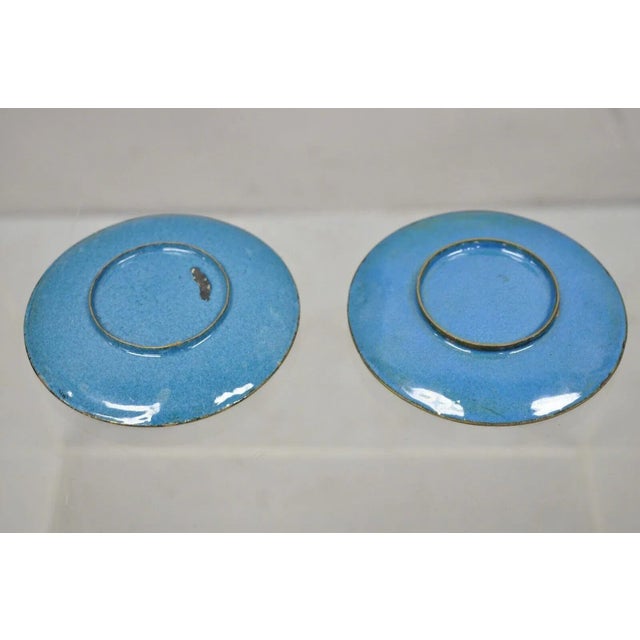 Vintage Blue Brass Enamel Cloisonne Small Trinket Dishes- Set of 2 For Sale In Philadelphia - Image 6 of 8