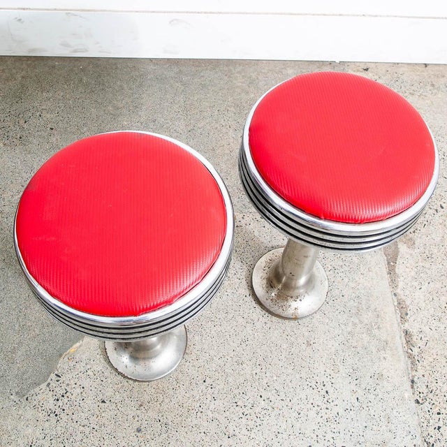 1950s Mid Century Modern Red Vinyl Swivel Chrome Floor Mount Diner Stools- Set of 2 For Sale - Image 4 of 11