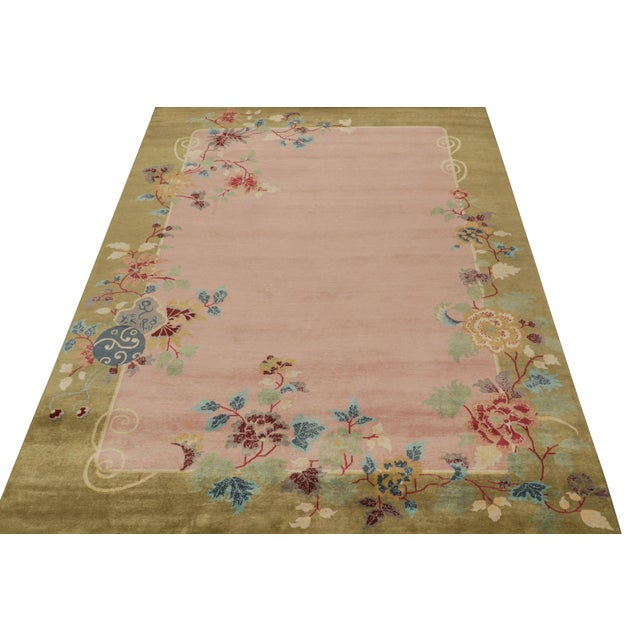 2010s 2010s Rug & Kilim’s Chinese Style Art Deco Rug in Pink & Green With Colorful Florals For Sale - Image 5 of 7