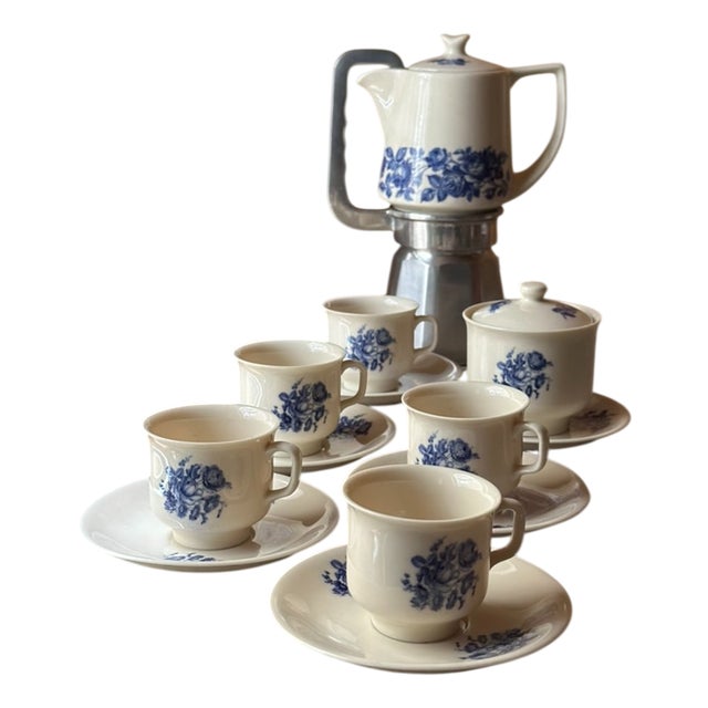 Vintage Blue Floral Espresso Service from Krone Porzellan, 1950s, Set of 7 For Sale