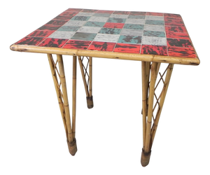 Vintage Bamboo Dining Table with Tiles in Red, White, and Blue, 1950s