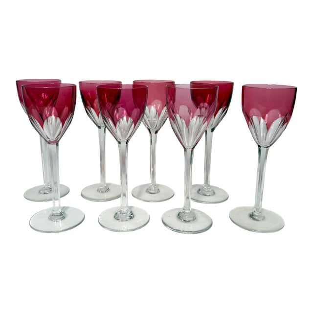 Early 20th Century Set of 8 Baccarat Harcourt Genova Ruby Crystal Glasses For Sale