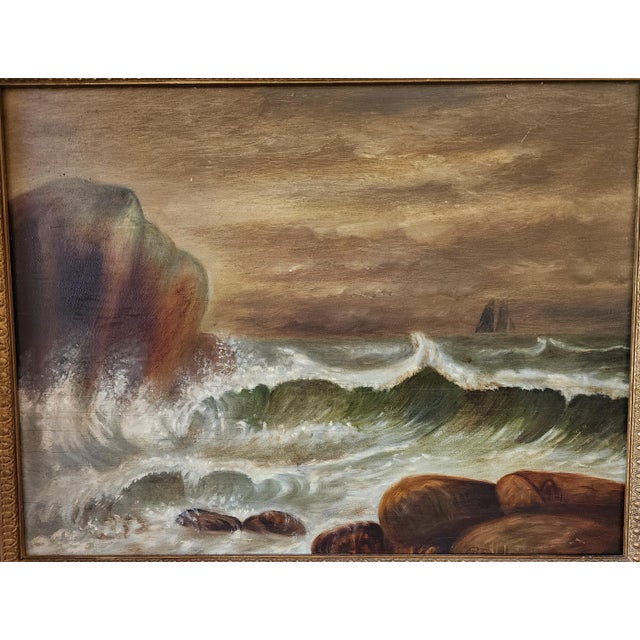 Nautical 19th Century Dramatic Seascape Painting in Antique Arts & Crafts Pyrography Frame For Sale - Image 3 of 18