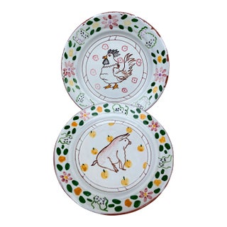 Vintage Hand Painted Red Clay Plates Faience Portugal- a Pair For Sale