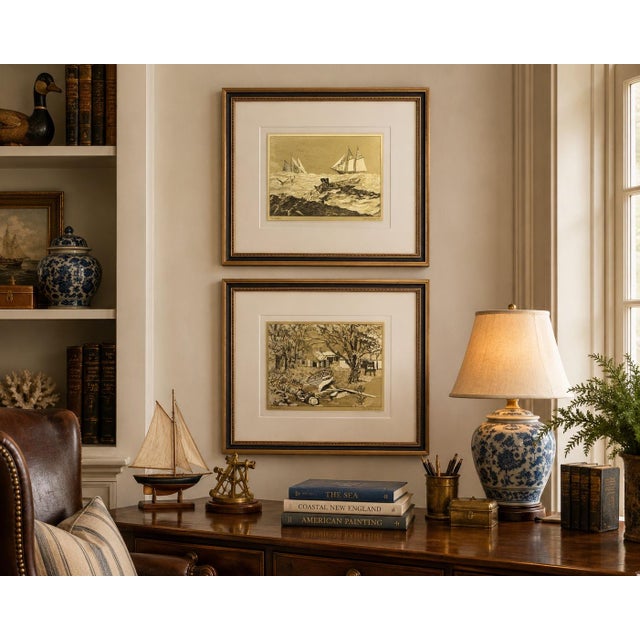 Beautiful pair of vintage Lionel Barrymore Gold-Etch prints titled “Nantucket” and “Shoreside Farm,” professionally matted...