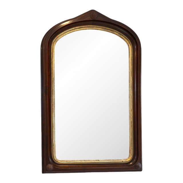 Antique Victorian Gothic Revival Arched Wall Mirror With Wood Rosette Detail For Sale