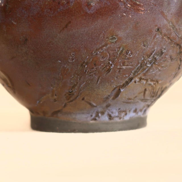 Late 20th Century Handmade Textured Raku Studio Pottery Vessel in Iridescent Burnt Sienna Glaze With Plum & Green Reduction Finish For Sale In Tulsa - Image 6 of 13