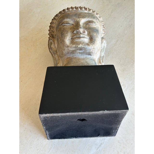 Gray Antiqued Buddha Head Sculpture on Black Pedestal - Modern Zen Decor For Sale - Image 8 of 8
