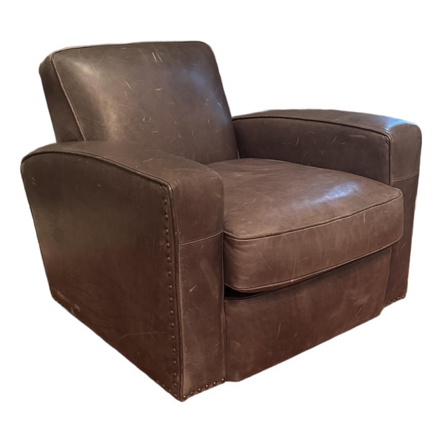 Rh Restoration Hardware Leather Library Swivel Chair With Nailheads For Sale