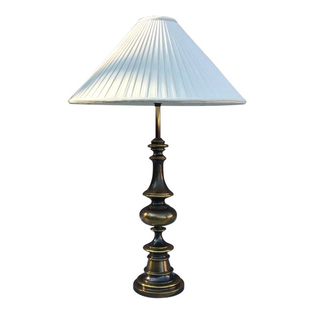 Tall and heavy solid brass table lamp in bronze finish, stands 33” top of finial. Manufactured by Westwood Industries...