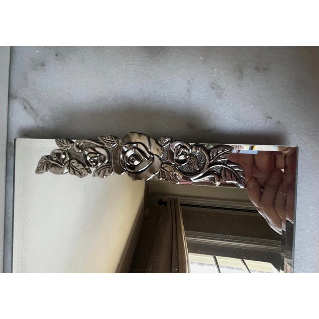 Silver Vintage Vanity Tray Features a Beveled Mirror Surface With Detailed Floral Rose Trim on the Handles For Sale - Image 8 of 14