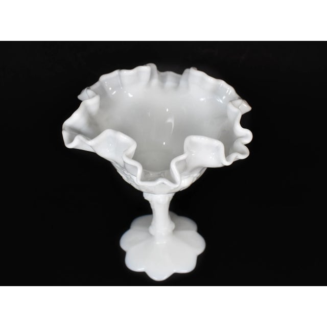 Fenton Art Glass Company Vintage Fenton Milk Glass Small Pedestal Bowl Comport Compot Ruffled Rose Design For Sale - Image 4 of 10