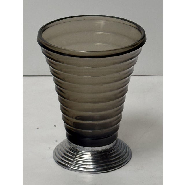 Art Deco Art Deco Vases of Ribbed Smoked Glass and Chrome - From France (Two Available) For Sale - Image 3 of 15