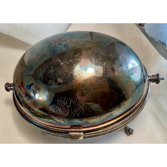 Early 20th Century Early 20th Century Roll-Over Roll-Top English Silver Plate Dome Serving Dish Paw Feet Monogram For Sale - Image 5 of 12