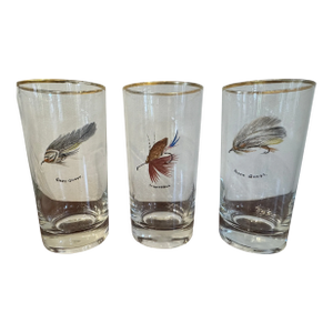 3 Vintage Hand Painted Highball Glasses - Fishing Flies