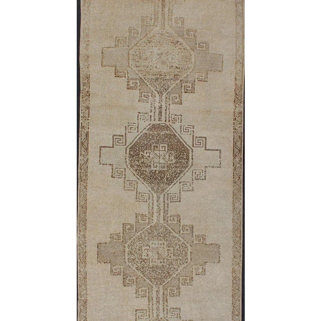 Vintage Hand Knotted Turkish Oushak Runner With Geometric Design in Ivory, L.Brown and Taupe For Sale - Image 4 of 13