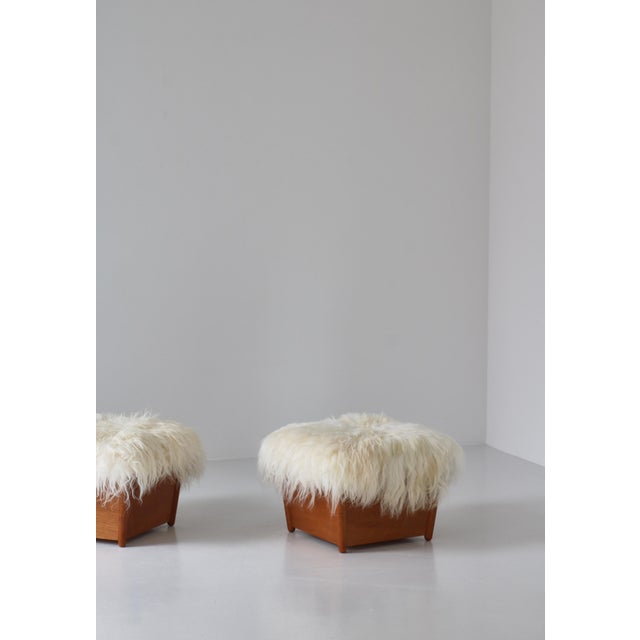 Brown Set of Modern Scandinavian Stools in Oak and Sheepskin, Denmark, 1960s For Sale - Image 8 of 18