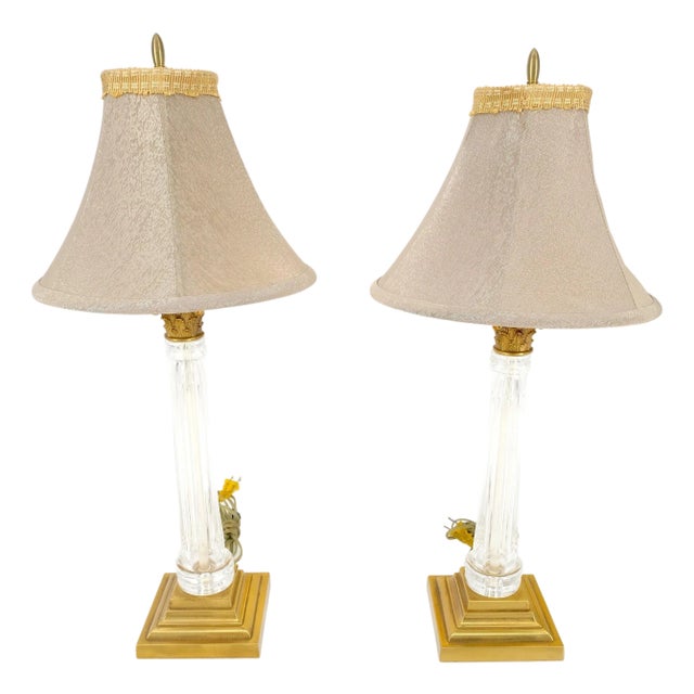 1960's Pair of Crystal & Square Brass Bases Ornate Shades Table Lamps For Sale