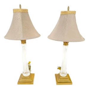 1960's Pair of Crystal & Square Brass Bases Ornate Shades Table Lamps