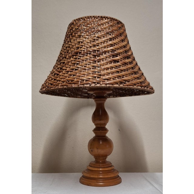 Vintage Table Lamp with Turned Maple Base and Woven Raffia Shade, 1980s For Sale - Image 6 of 7