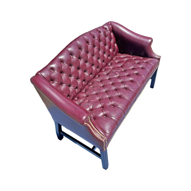 Oxblood Red Vintage Tufted Chesterfield Style Sofa or Settee With Brass Rivets For Sale - Image 8 of 8