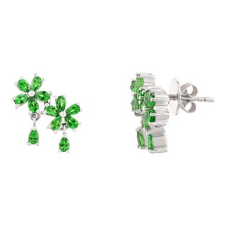 Tsavorite Double Flower Modern Earrings for Her in 14k Solid Gold- 2 Pieces For Sale