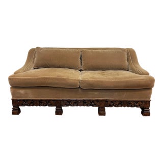 Vintage Carved Wood Mohair Down Cushion Sofa For Sale