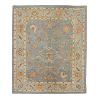 Early 21st Century Turkish Orange & Blue Handwoven Oushak Rug For Sale