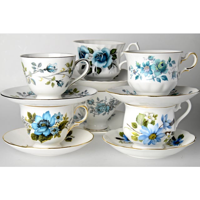 Mid-Century Blue Rose Cups & Saucers, Set of 6 For Sale - Image 9 of 9