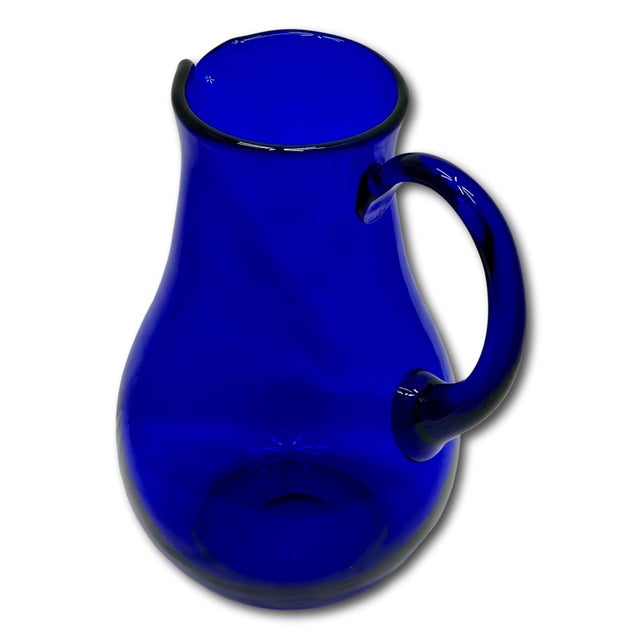 Art Deco Stunning Vintage Retro Art Deco Deep Cobalt Blue Hand Blown Art Glass Pitcher - Circa Mid 20th Century For Sale - Image 3 of 18