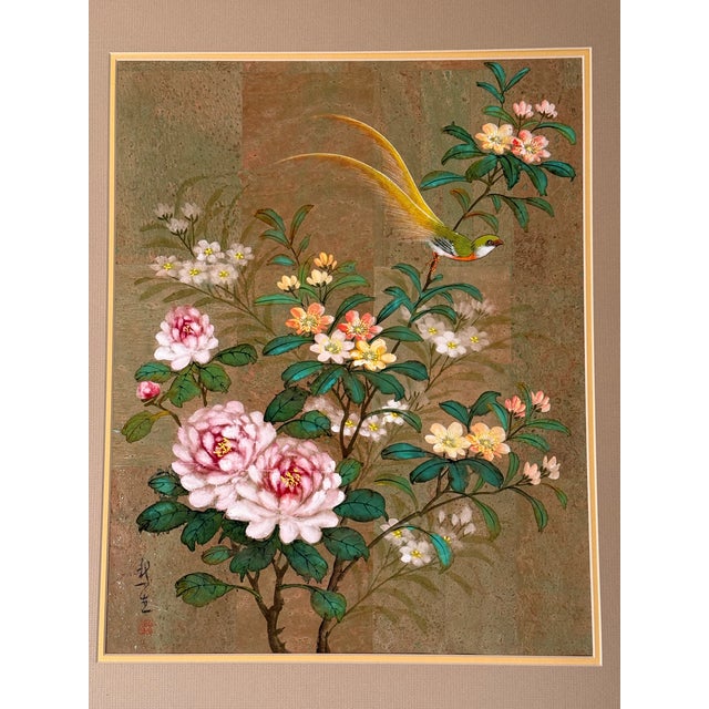 Original Chinese Floral Painting With Birds, Signed, Custom Mat For Sale - Image 4 of 12
